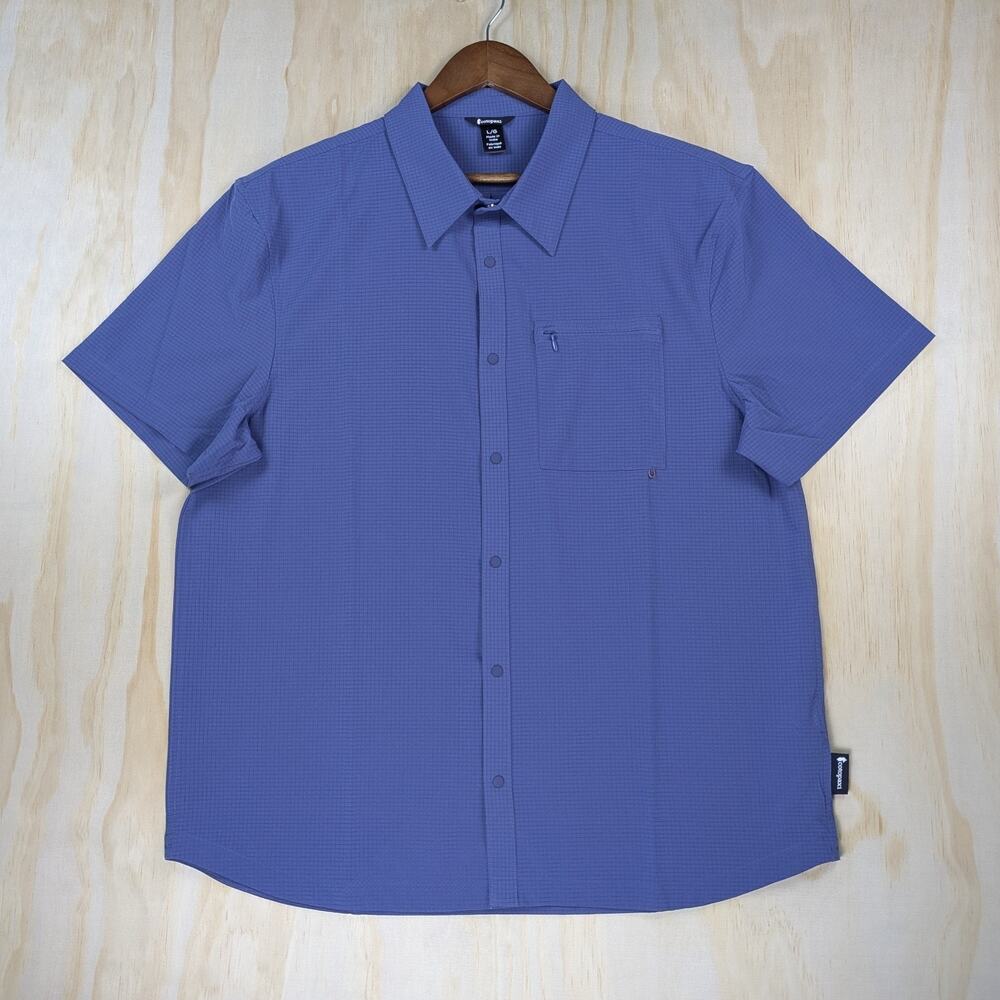 Cotopaxi Men's Large Blue Short Sleeve Button Up Hiking Shirt Stretch Grid